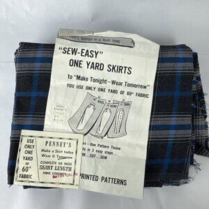 Vtg Penney's Sew Easy 1 Yard Skirt Blue Gray Plaid Fabric 60 in Rayon Orlon NEW